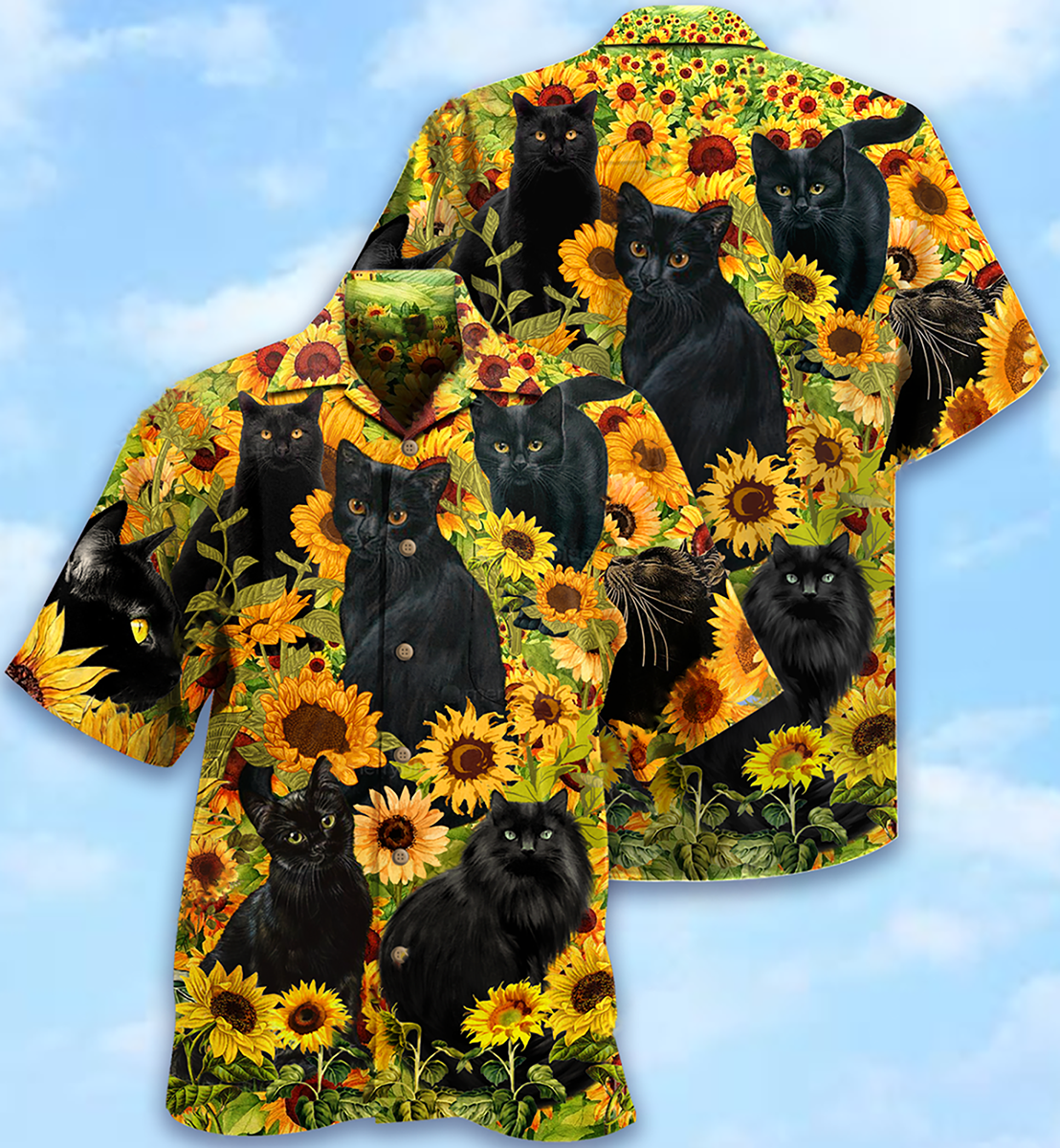 Black Cat Love Sunflower - Hawaiian Shirt