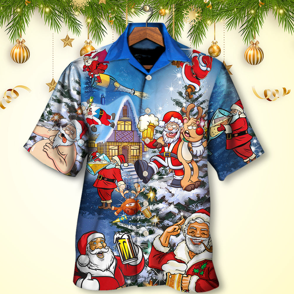 Christmas Funny Santa Claus Drinking Beer Troll Xmas - Hawaiian Shirt