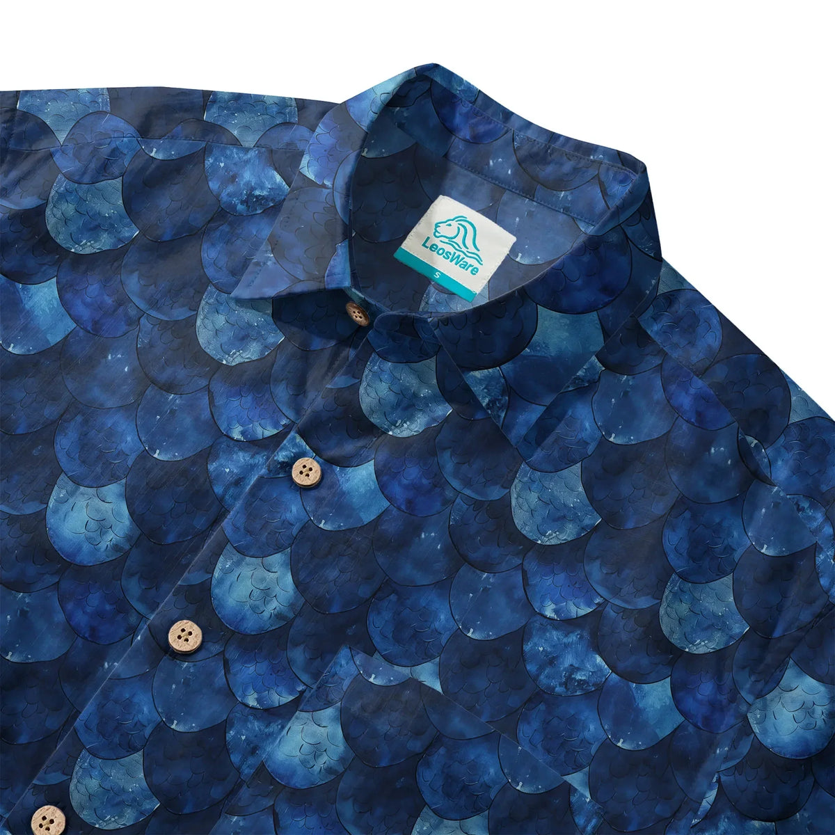 LeosWare® Men's Hawaiian Shirt Short Sleeve Button-up 100% Cotton Blue Aloha Deep Sea Dragon Scales By Ann