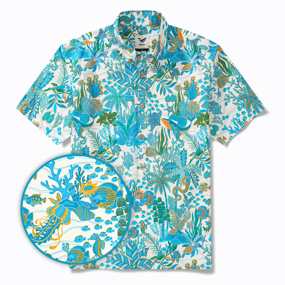 Men's Hawaiian Shirt Short Sleeve Button-down 100% Cotton Blue Aloha Fantasy Paradise By Huan huan