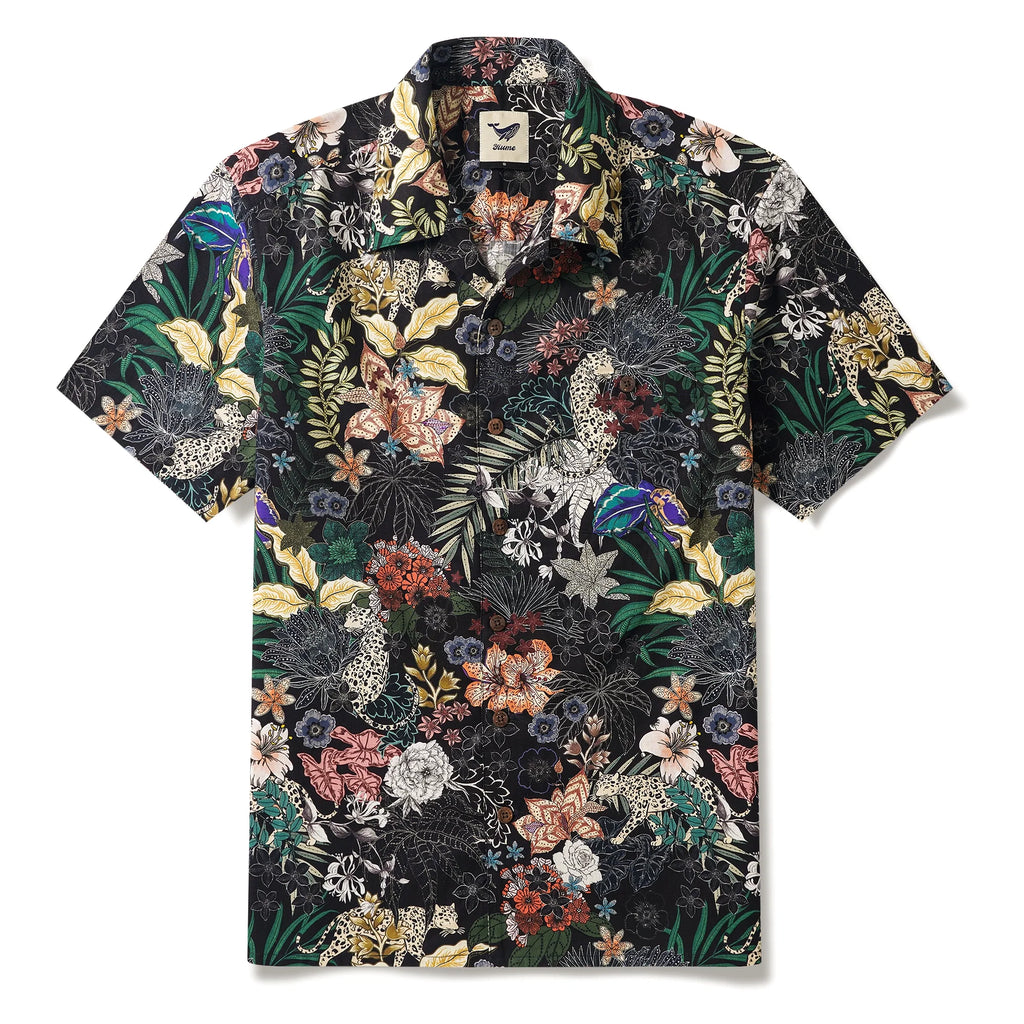 Leopards Men's Hawaiian Shirt Short Sleeve Camp Collar 100% Cotton Black Aloha The Night Jungle Exploring By Mo