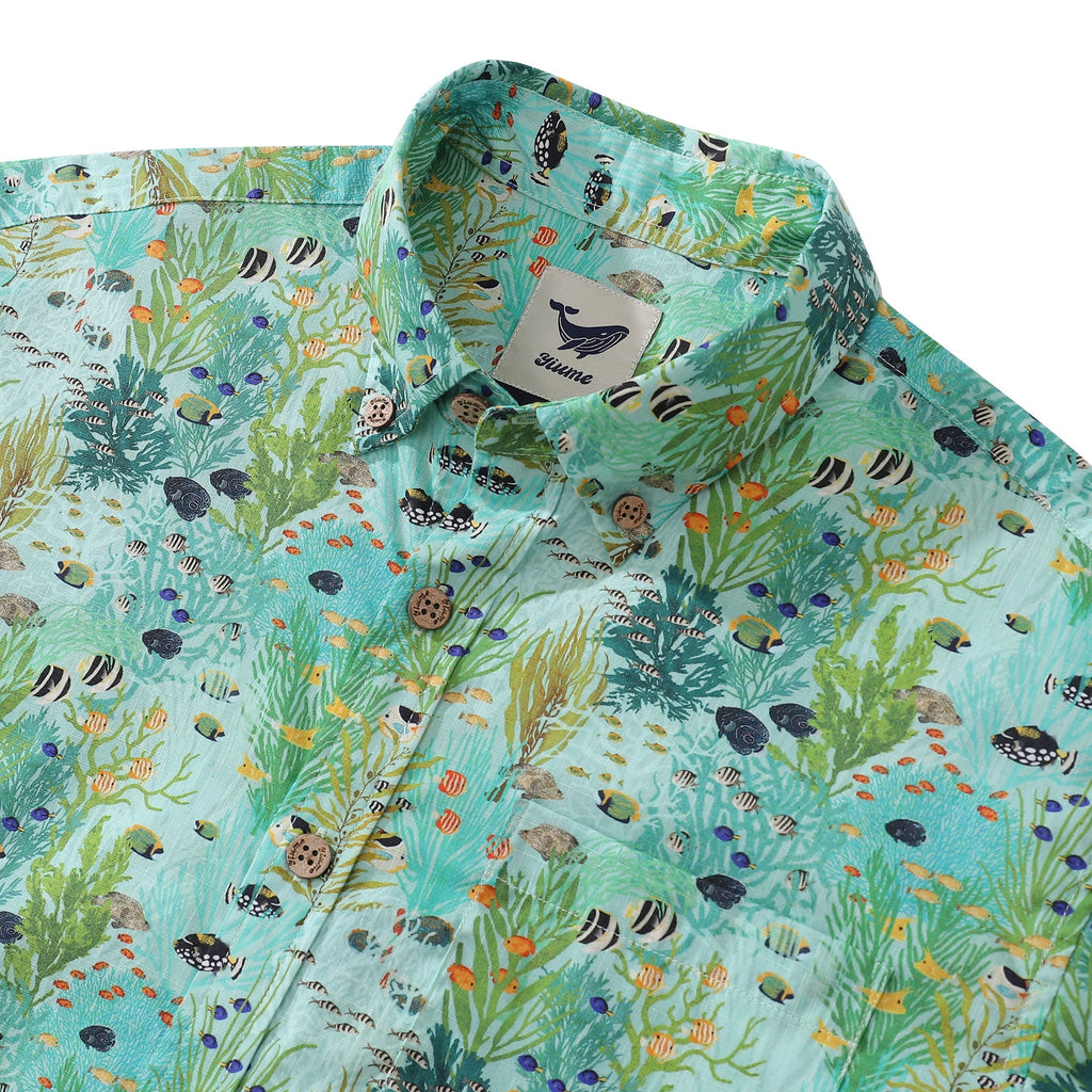 Green Hawaiian Shirt For Men Tropicial Fish Shirt The Coral Reef By Katherine Quinn Button-down Short Sleeve 100% Cotton Shirt