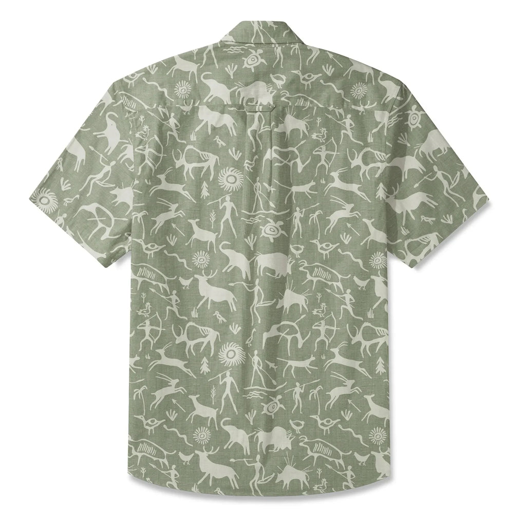 LeosWare® Men's Hawaiian Shirt Short Sleeve Button-up 100% Cotton Green Aloha Sage Green Tribal Rock Painting By Huan huan