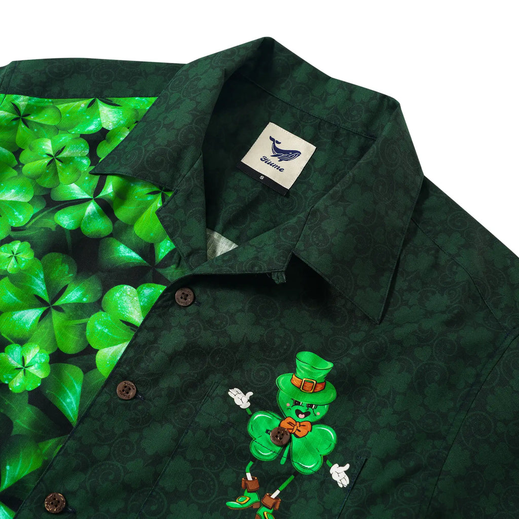 St. Patrick's Day Gift Men's Hawaiian Bowling Shirt Short Sleeve Camp Collar 100% Cotton Green Aloha Lucky Clover Mascot By Huan huan