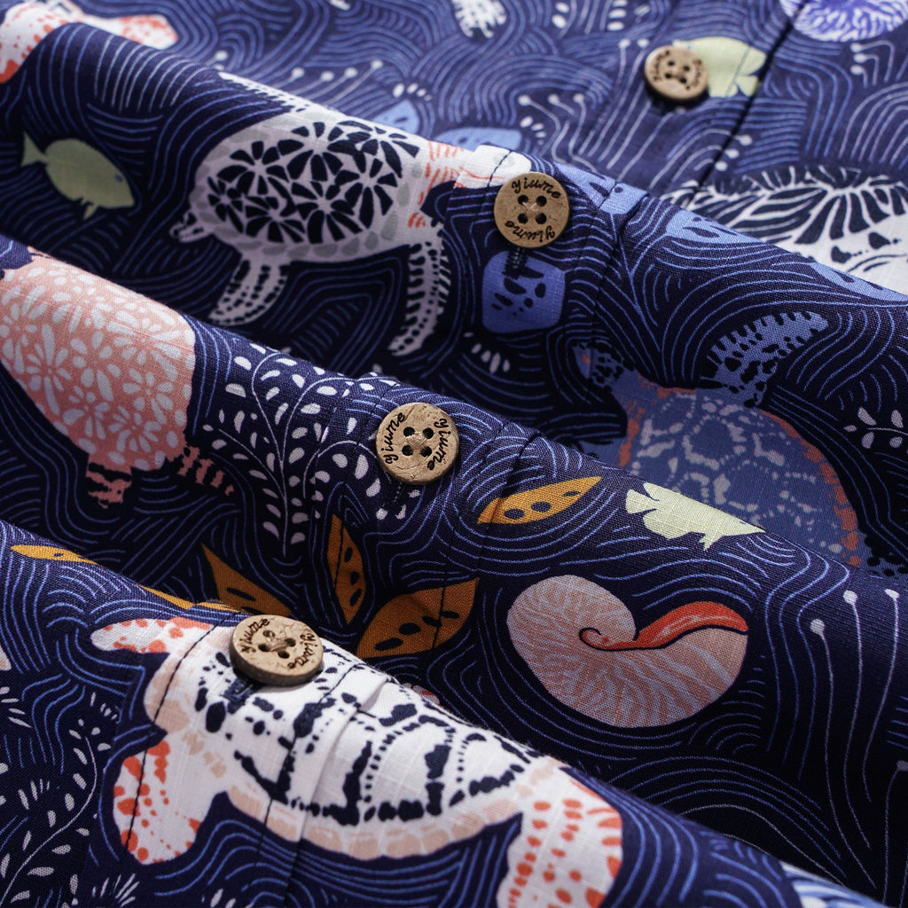 Men's Hawaiian Shirt Short Sleeve Button-down 100% Cotton Blue Aloha Happy sea turtles family navy blue By Annick