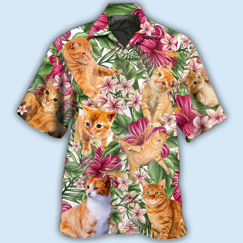 Cat Tropical Floral Orange Cat - Hawaiian Shirt
