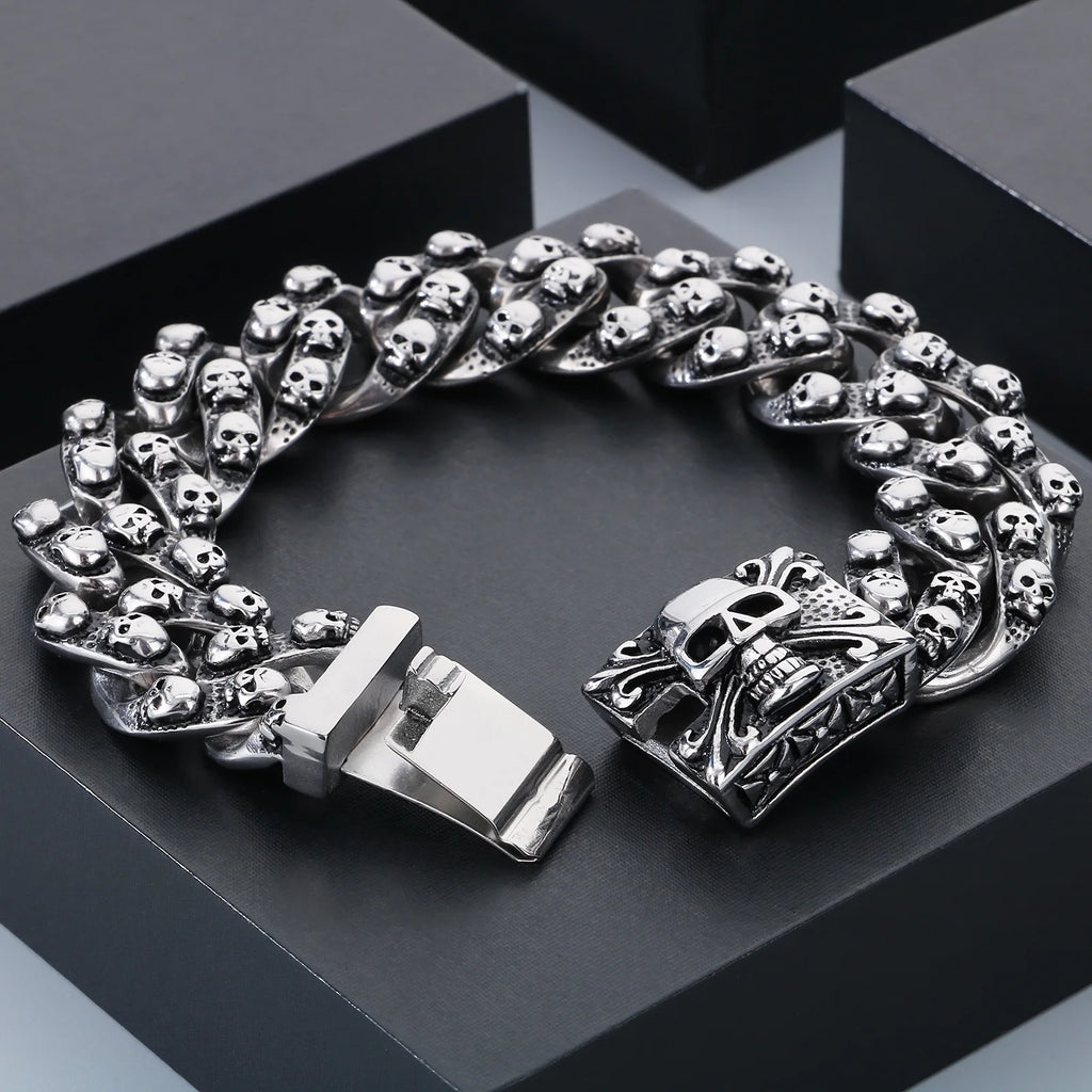 Punk Skull Charm Bracelets For Men Stainless Steel Cuban Chain Men Bangle Bracelet Silver Black Color Skeleton Jewelry