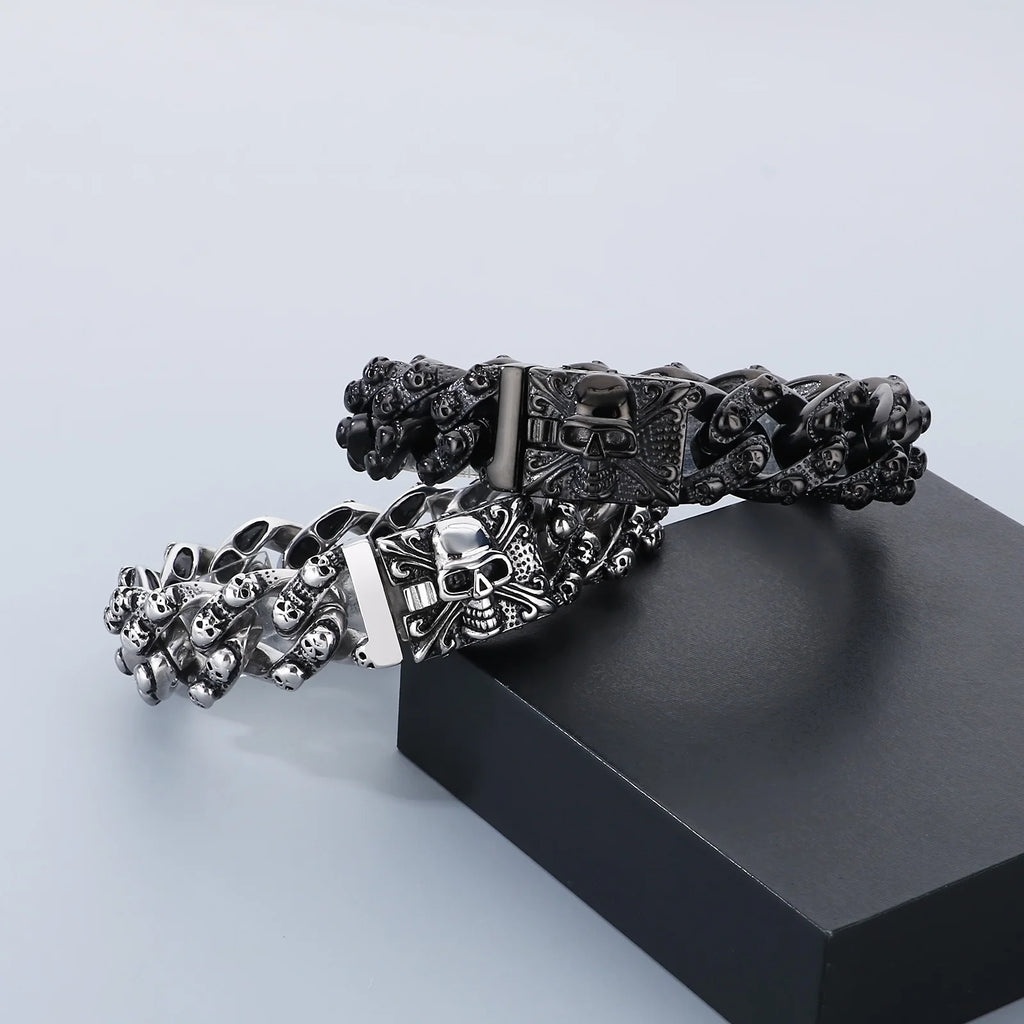 Punk Skull Charm Bracelets For Men Stainless Steel Cuban Chain Men Bangle Bracelet Silver Black Color Skeleton Jewelry