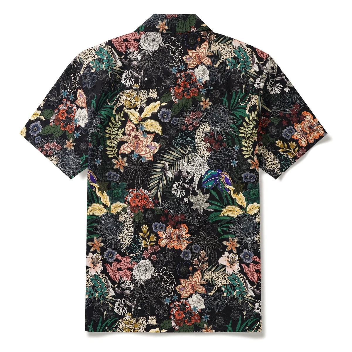 Leopards Men's Hawaiian Shirt Short Sleeve Camp Collar 100% Cotton Black Aloha The Night Jungle Exploring By Mo