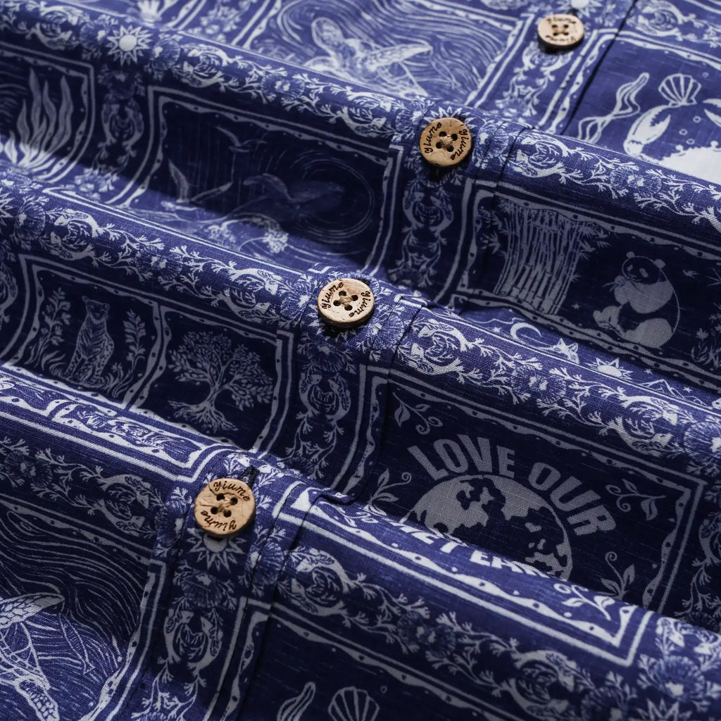 Men's Hawaiian Shirt Short Sleeve Button-down 100% Cotton Blue Aloha Endangered Animal Collage By Huan huan