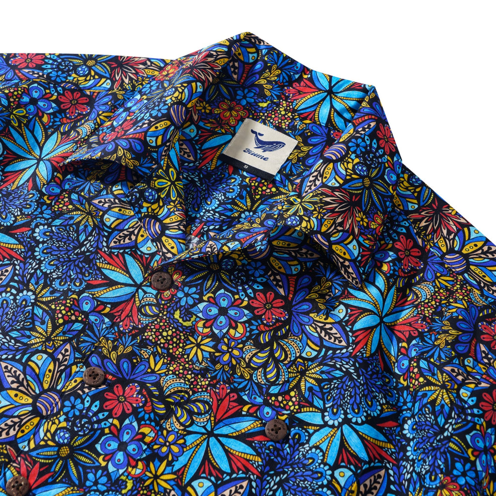 Men's Hawaiian Shirt Short Sleeve Camp Collar 100% Cotton Blue Aloha TALAVERA BOUQUET By Lori Anne McKague