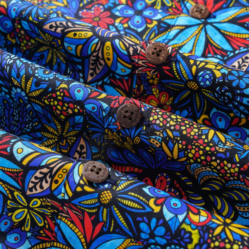 Men's Hawaiian Shirt Short Sleeve Camp Collar 100% Cotton Blue Aloha TALAVERA BOUQUET By Lori Anne McKague