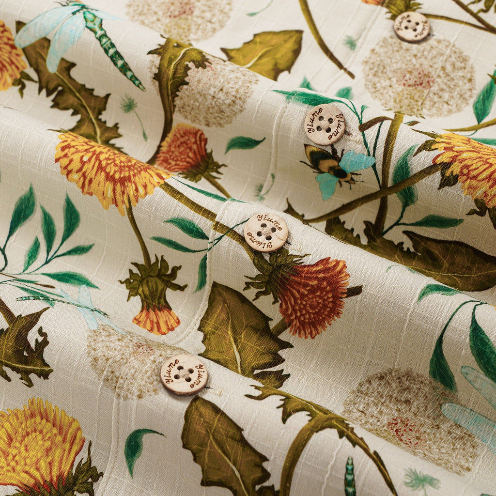 Men's Hawaiian Shirt Short Sleeve Camp Collar 100% Silk Yellow Aloha Dandelions And Dragonflies By Silver Steer Design