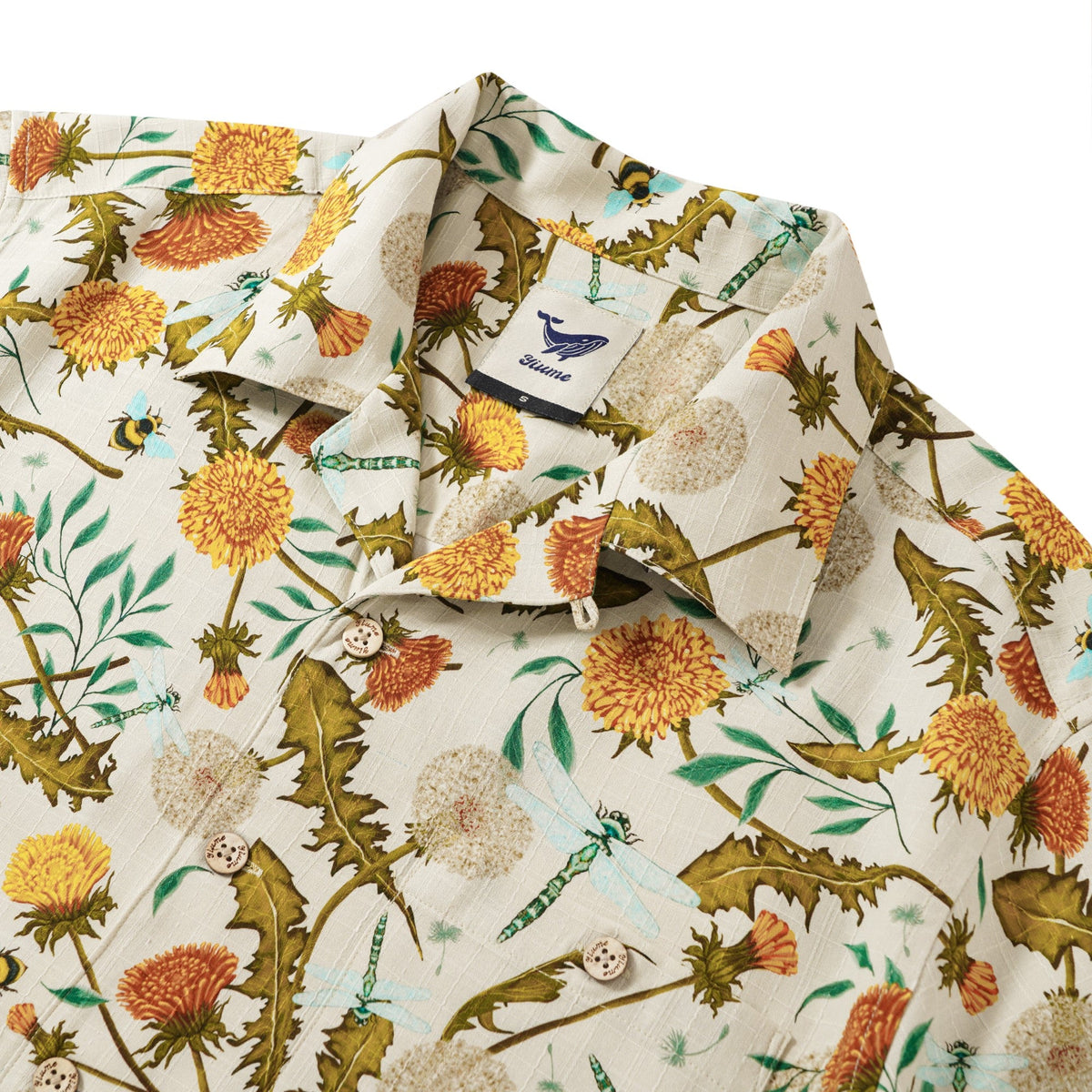 Men's Hawaiian Shirt Short Sleeve Camp Collar 100% Silk Yellow Aloha Dandelions And Dragonflies By Silver Steer Design