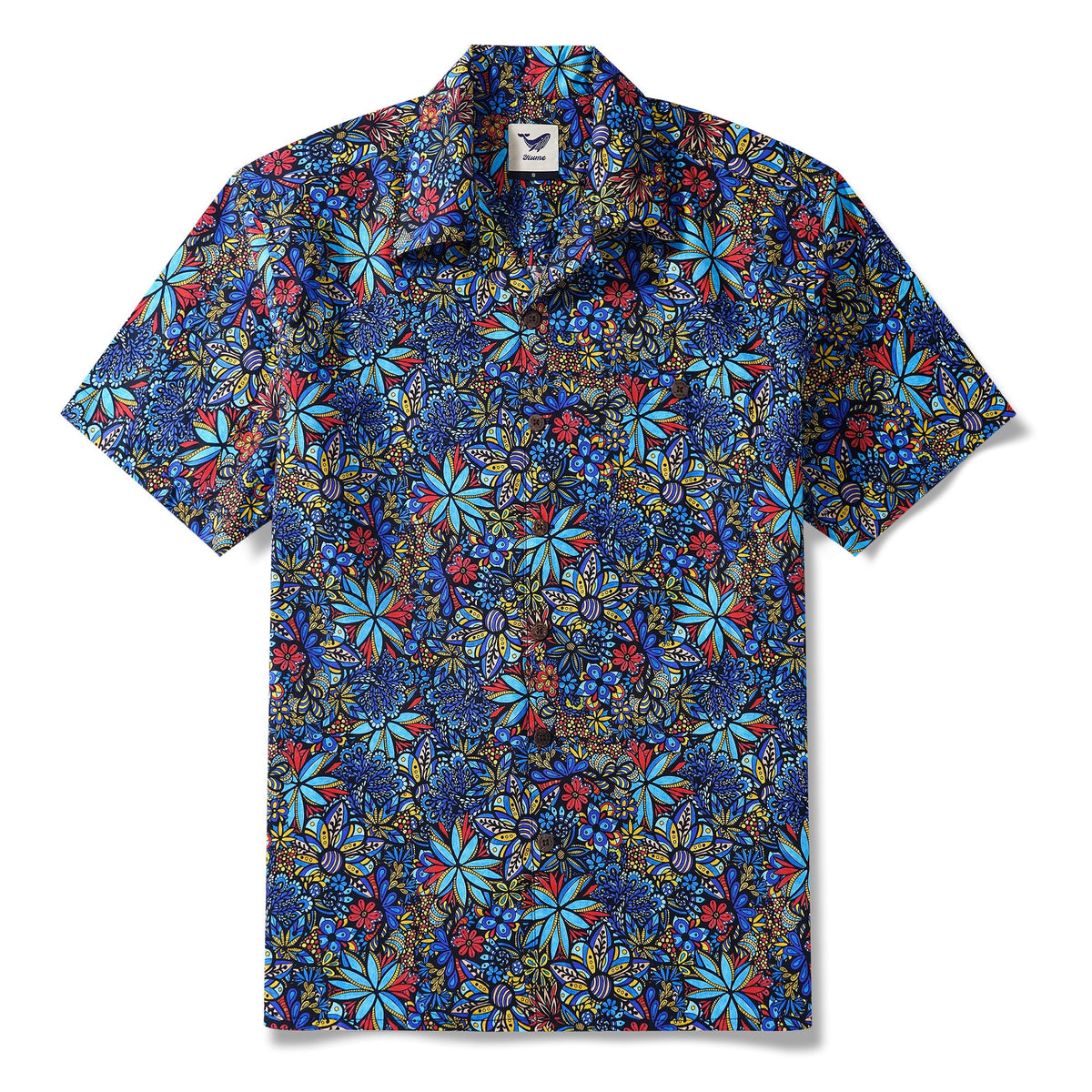 Men's Hawaiian Shirt Short Sleeve Camp Collar 100% Cotton Blue Aloha TALAVERA BOUQUET By Lori Anne McKague